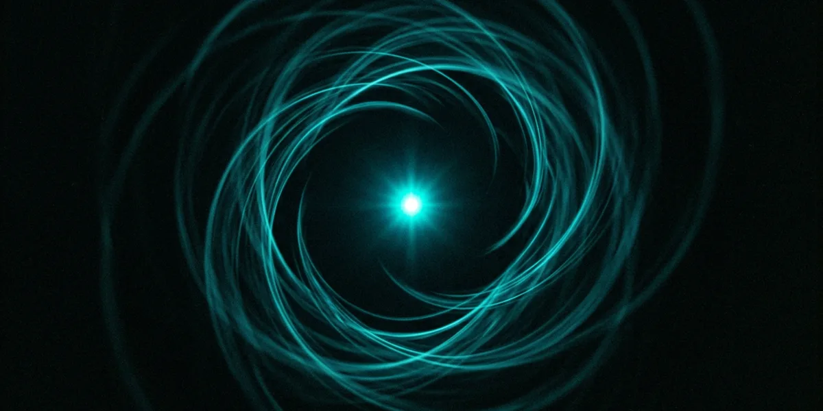 Punkt turkusowego światła otoczony spiralami — Energeia, życie tu i teraz