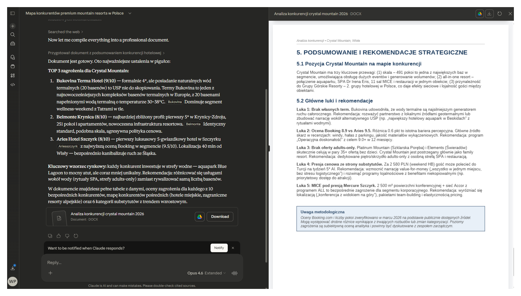 Podsumowanie strategiczne - pozycja Crystal Mountain na mapie konkurencji, główne luki rynkowe i rekomendacje z uwagą metodologiczną