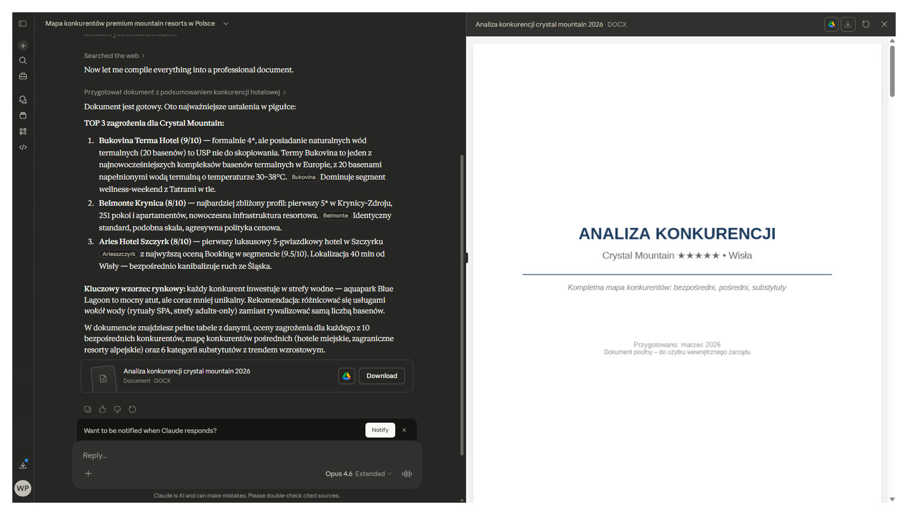 Claude wygenerował kompletny dokument analizy konkurencji Crystal Mountain z TOP 3 zagrożeniami i mapą konkurentów