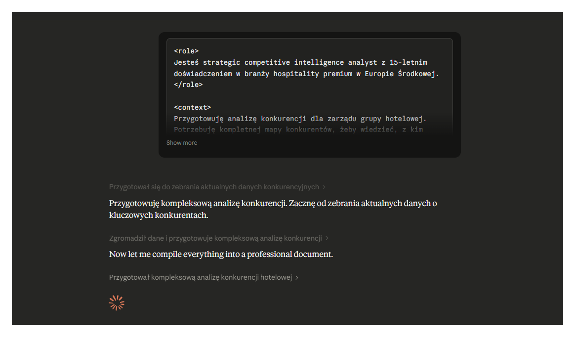 Claude 4.6 Opus z Extended Thinking przeprowadza analizę konkurencji hotelu Crystal Mountain - widoczny prompt z XML tagami i łańcuch rozumowania AI