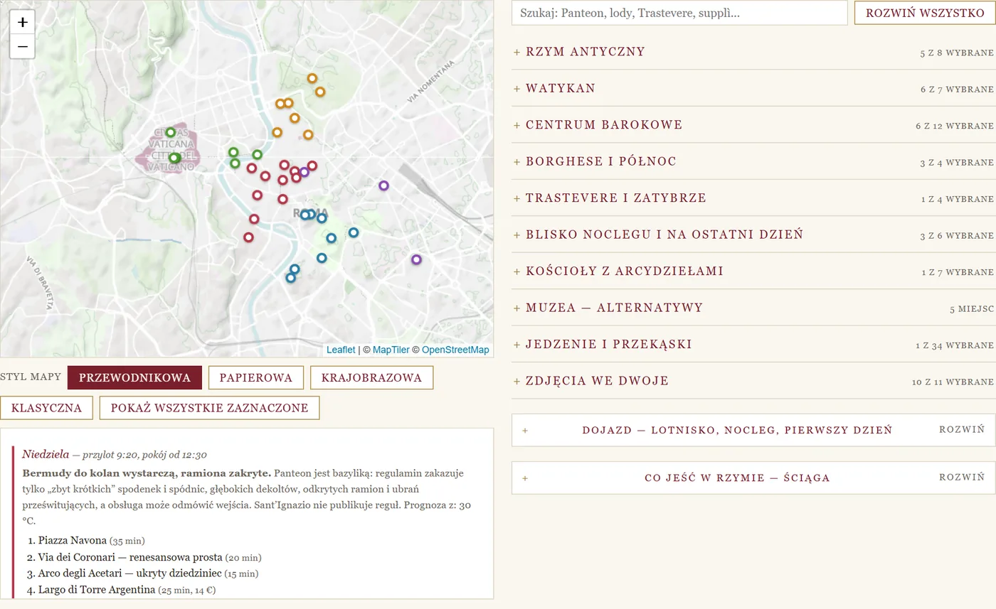 Planer Rzymu zbudowany przez AI: mapa z planem wyjściowym, pinezki w kolorach dni, lista kategorii i plan niedzieli ze strojem