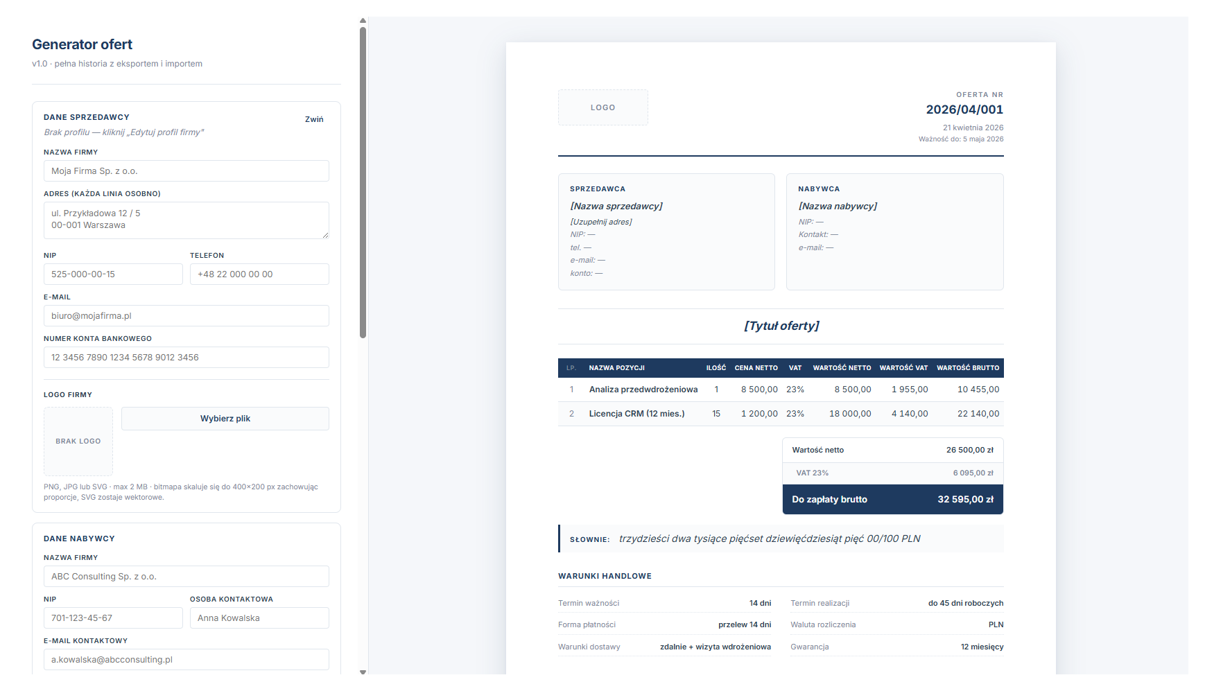Generator ofert handlowych zbudowany z Claude AI - panel konfiguracji po lewej, live preview oferty A4 po prawej z tabelą pozycji, kalkulacją VAT i kwotą słownie po polsku